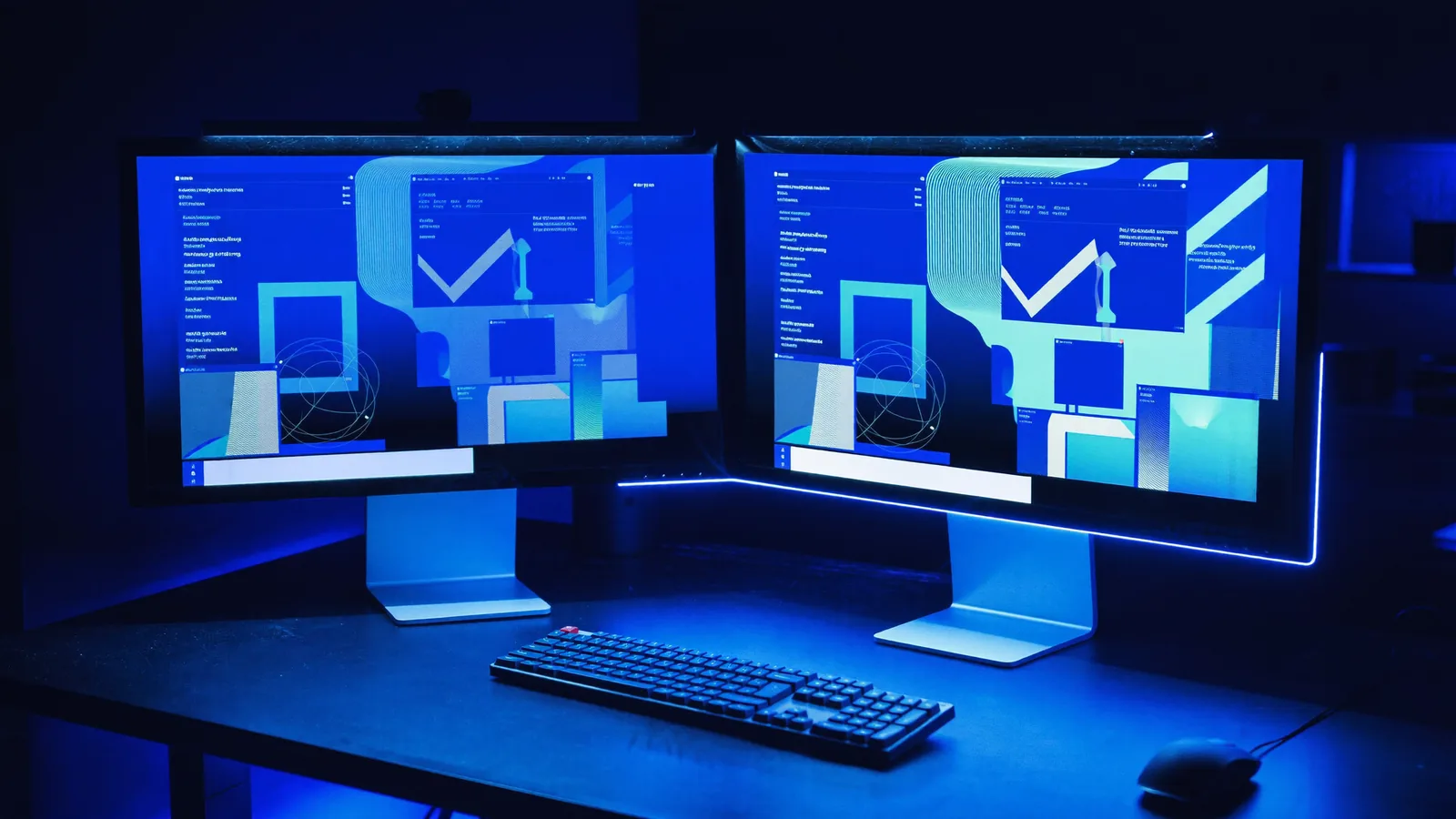 Estación de trabajo nocturna con interfaces web en las pantallas